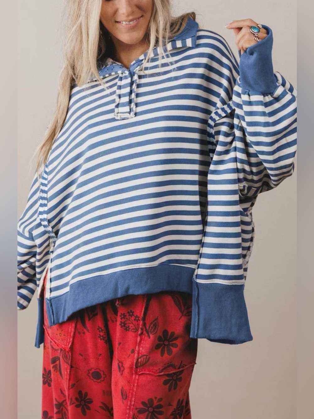 Stripe Color Block Trim Raw Seam Split Hem Loose Sweatshirt - Picture 3 of 16